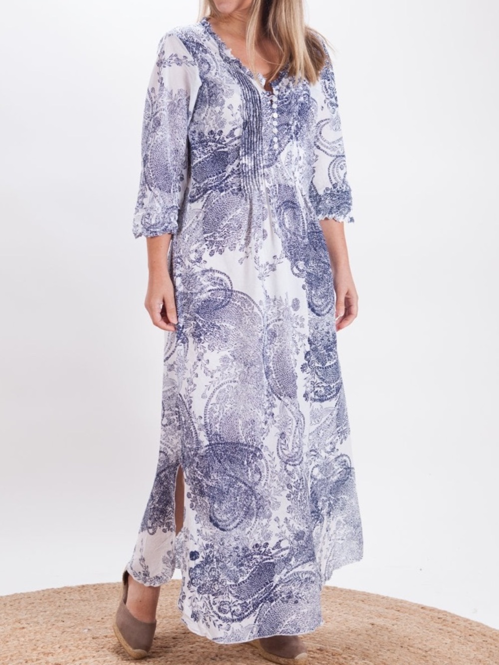 One Season Australia Antibes White/indigo Poppy Cotton Paisley Long Maxi Dress S